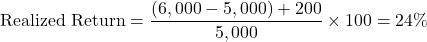 \[ \text{Realized Return} = \frac{(6,000 - 5,000) + 200}{5,000} \times 100 = 24\% \]